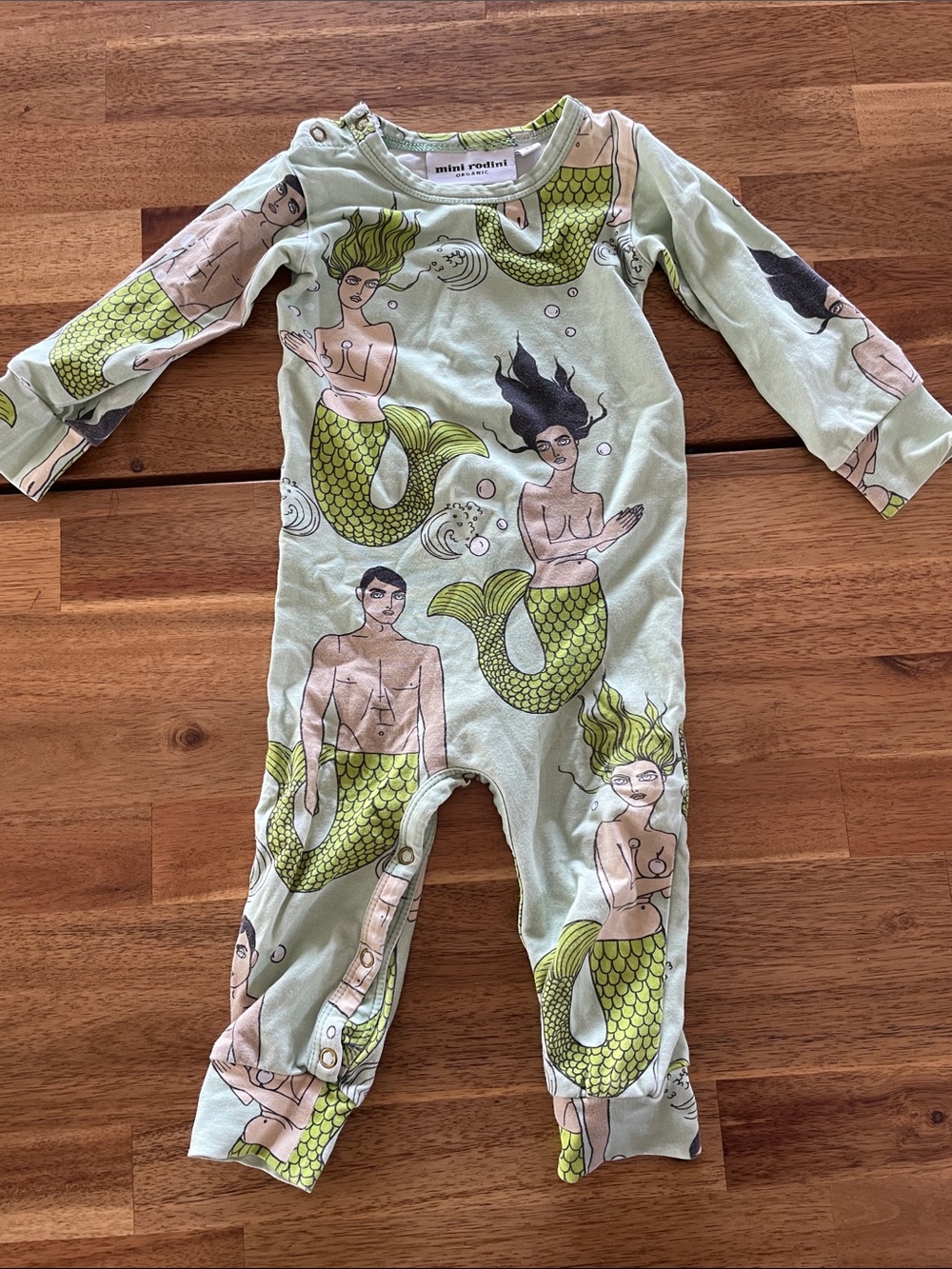 Mini Rodini Pale Green Mermaid Print Footie 0-3 months